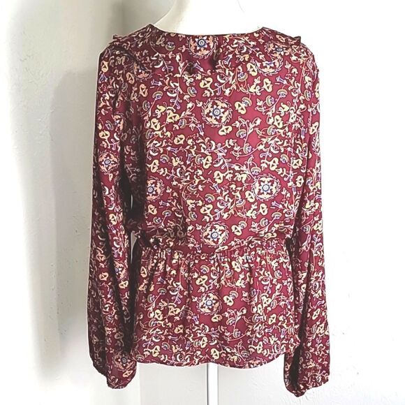 Max Studio Maroon Floral Blouse with Criss-cross Ruffle & Tie in Front, Sz Large - Picture 8 of 10